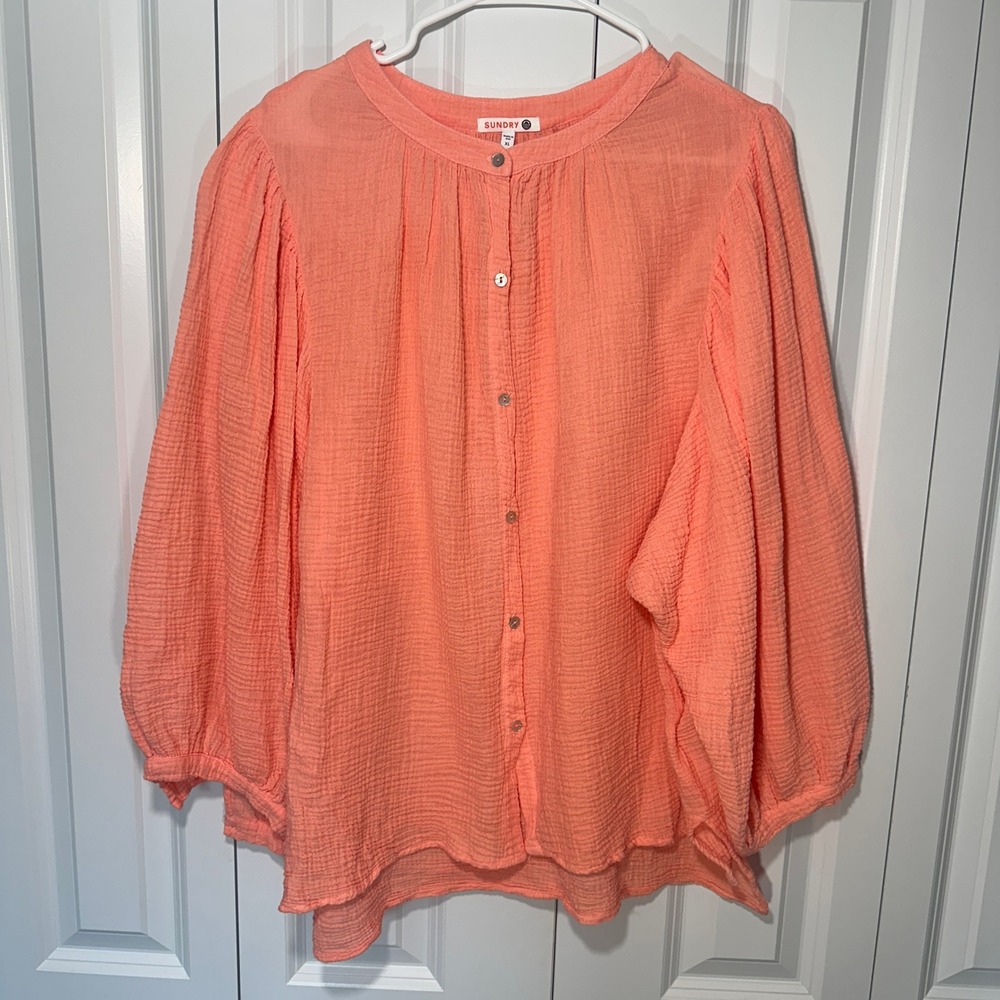 Sundry Free Spirit Button Blouse Womens XL Coral Cotton Gauze Balloon Sleeve Top